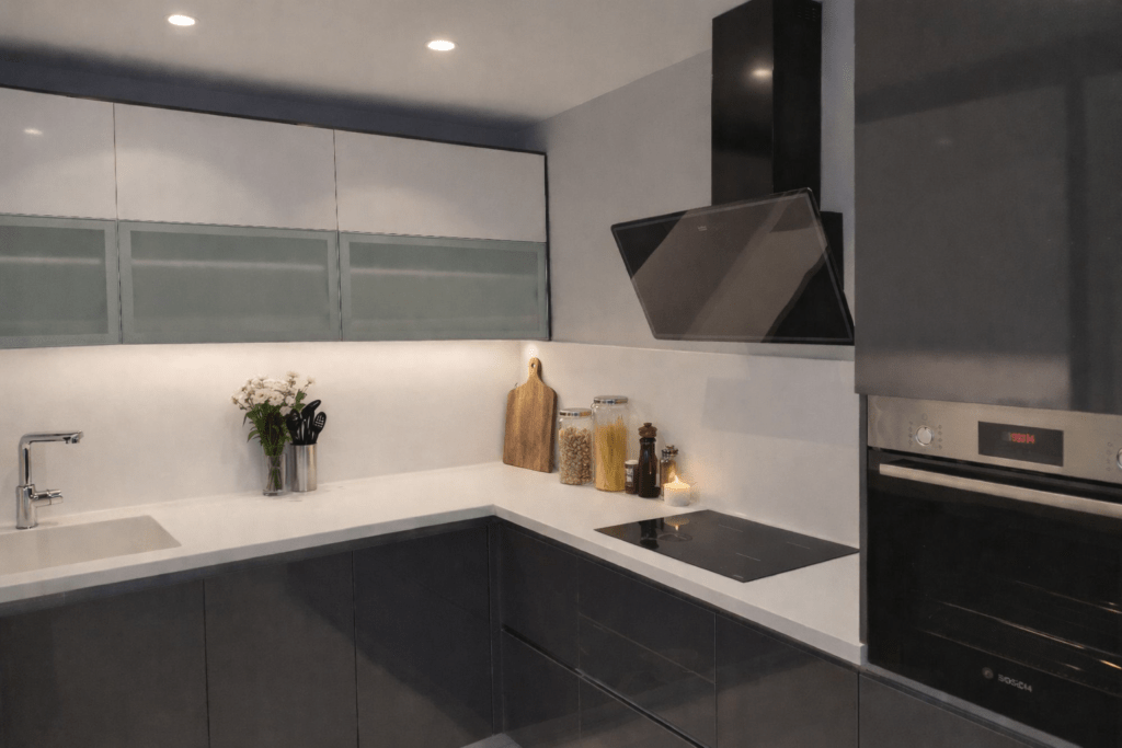 Σύγχρονη κουζίνα σε γωνιακή διάταξη μετά την ολική ανακαίνιση στην Καλλιθέα